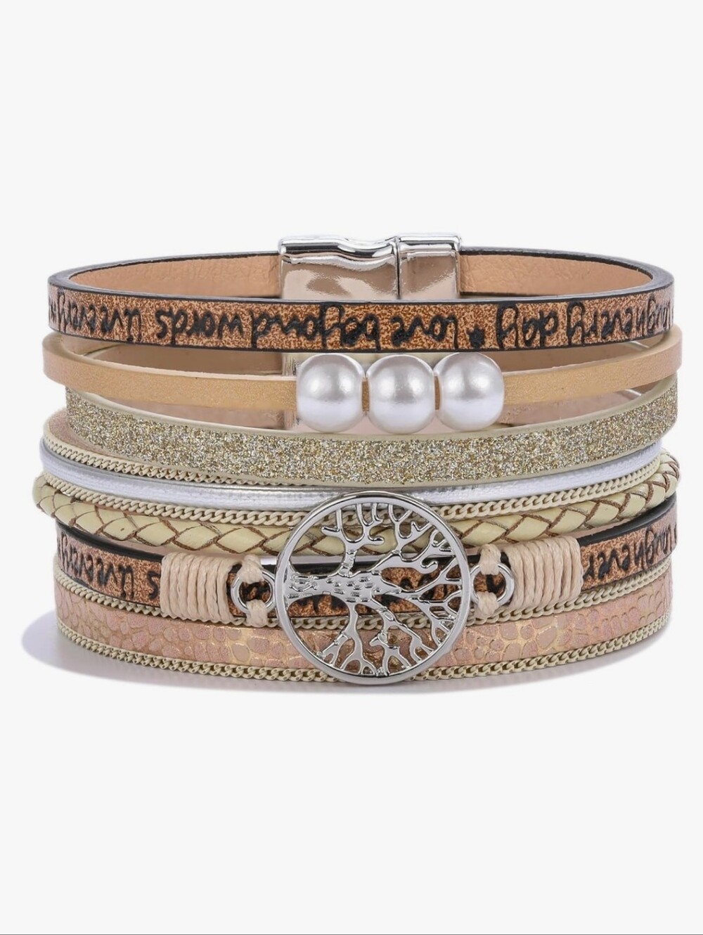 Tree Of Life Multilayer Beige Pearl & Bangle Wrap Bracelet Mixedmedia Boho